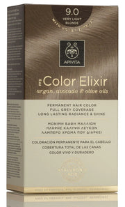 Tinte permanente Apivita My Color Elixir tono 9.0 Rubio Muy Claro con aceites naturales para cobertura total de canas.