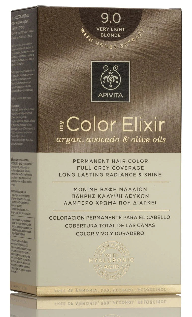 Tinte permanente Apivita My Color Elixir tono 9.0 Rubio Muy Claro con aceites naturales para cobertura total de canas.