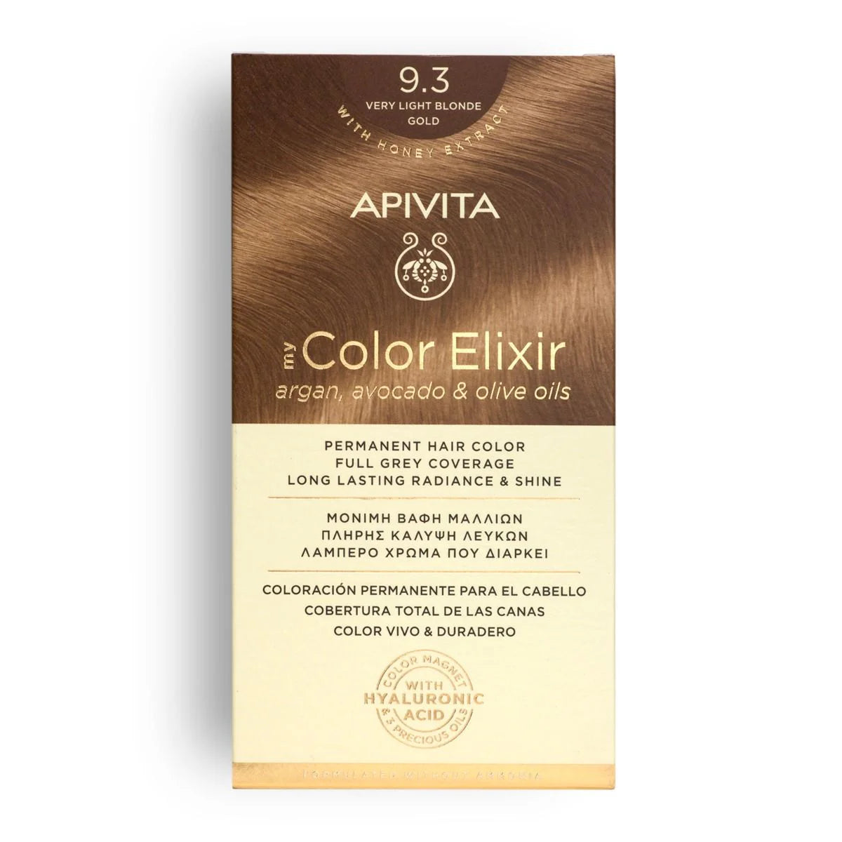 Tinte permanente Apivita My Color Elixir tono 9.3 Rubio Muy Claro Dorado con aceites naturales para cobertura total de canas.
