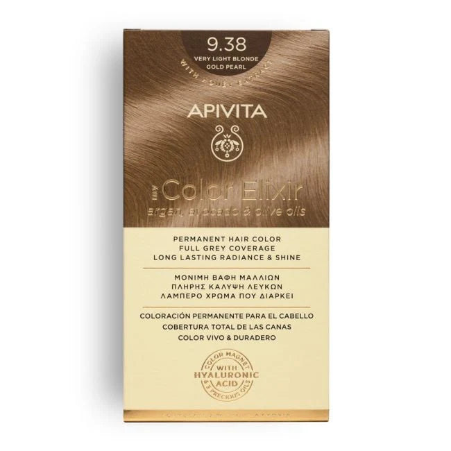 Tinte permanente Apivita My Color Elixir tono 9.38 Rubio Muy Claro Dorado Perlado con aceites naturales para cobertura total de canas.