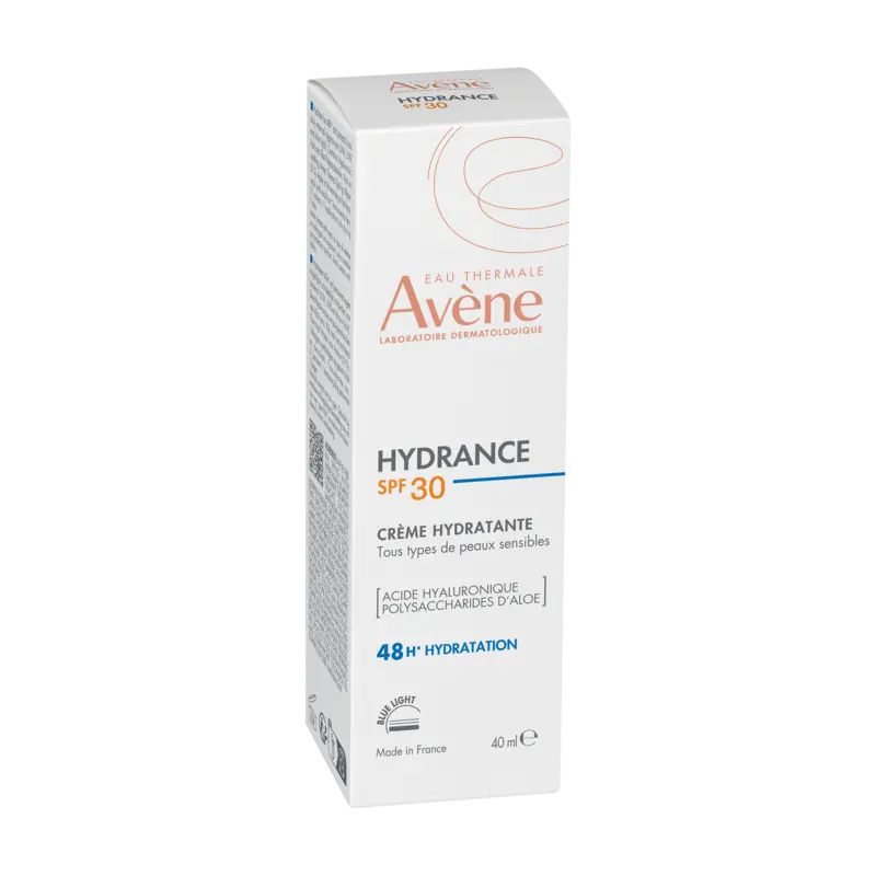 Crema facial hidratante Avène Hydrance con protección solar SPF 30 y Agua Termal para pieles sensibles.