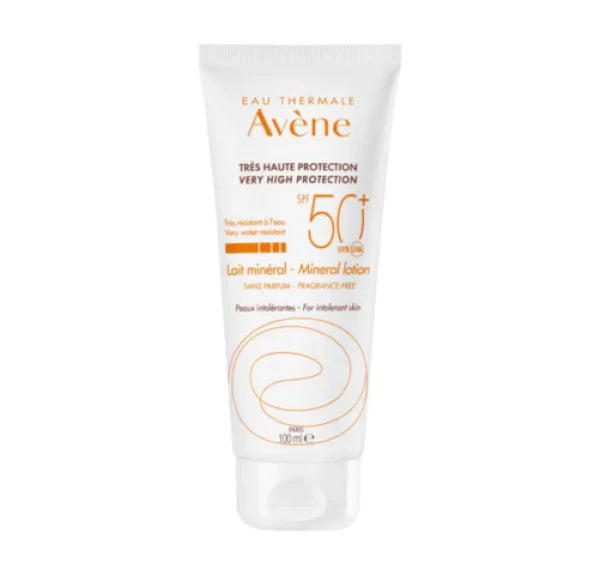 Avène Leche Mineral SPF 50+ 100ml. Fotoprotector solar para pieles sensibles de adultos y niños, con fórmula mineral y Agua Termal de Avène.