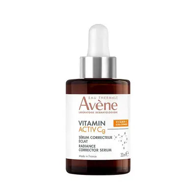 Frasco de 30 ml con cuentagotas de Avène Vitamin Activ Cg Sérum, tratamiento corrector de luminosidad con Vitamina Cg, Bakuchiol y Niacinamida.