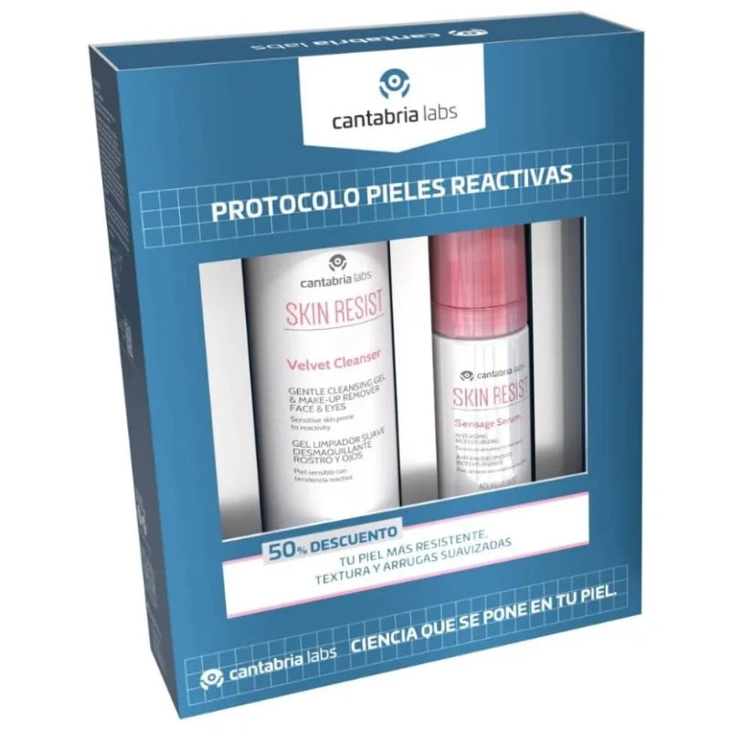 Pack Cantabria Labs Skin Resist que incluye el Dermolimpiador de 200 ml y el Sensage Sérum de 30 ml para el cuidado integral de pieles sensibles.