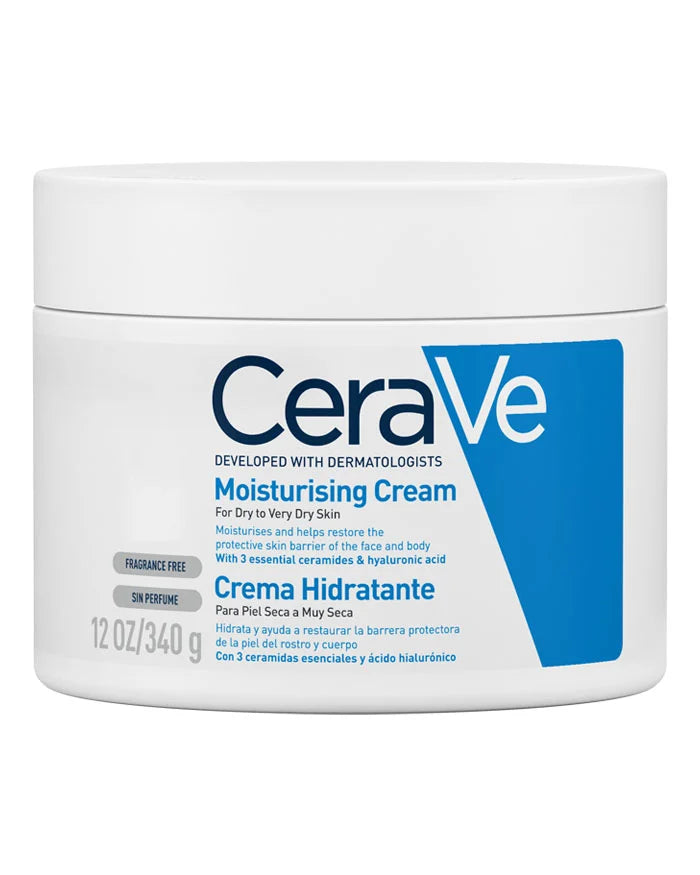 Envase de Cerave Crema Hidratante para piel seca y muy seca, 340g, con dosificador. Fórmula con ceramidas y ácido hialurónico.