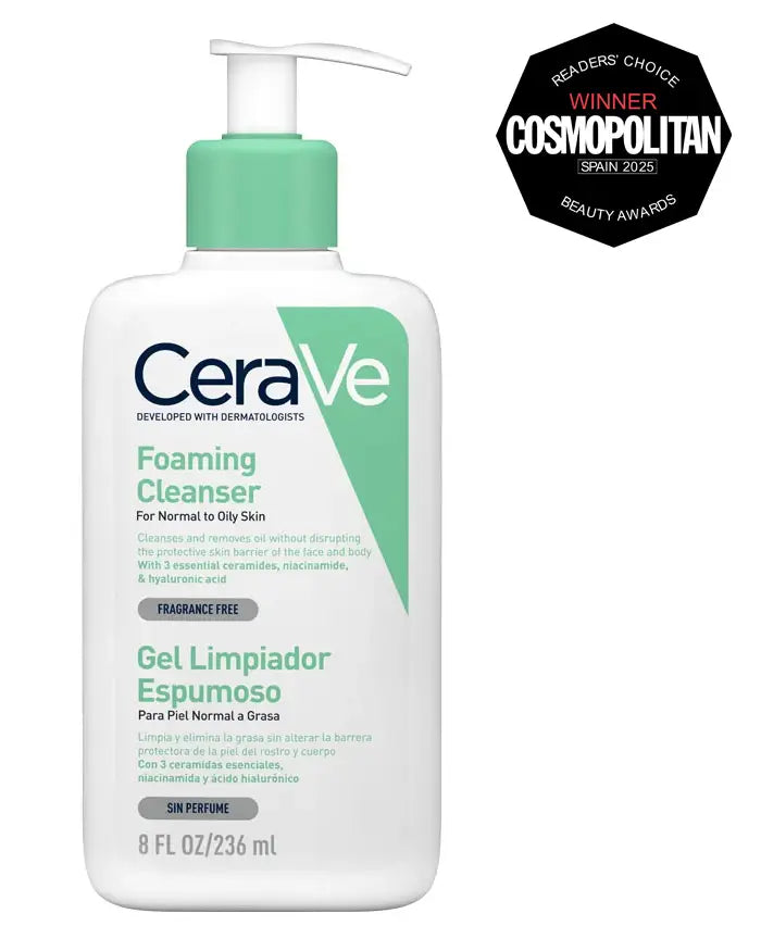 Cerave Gel Limpiador Espumoso facial y corporal de 236 ml para pieles normales a grasas, con ceramidas y ácido hialurónico.