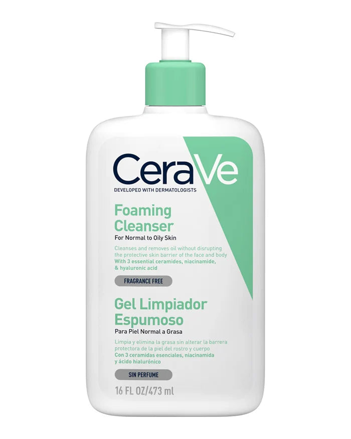 Gel limpiador espumoso facial y corporal Cerave de 473 ml para piel normal a grasa con ceramidas y ácido hialurónico.