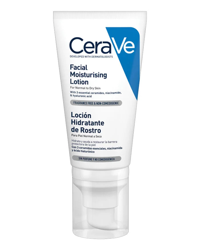 Cerave Loción Hidratante de Rostro para pieles normales a secas y sensibles, formulada con ceramidas y ácido hialurónico. Formato de 52ml.