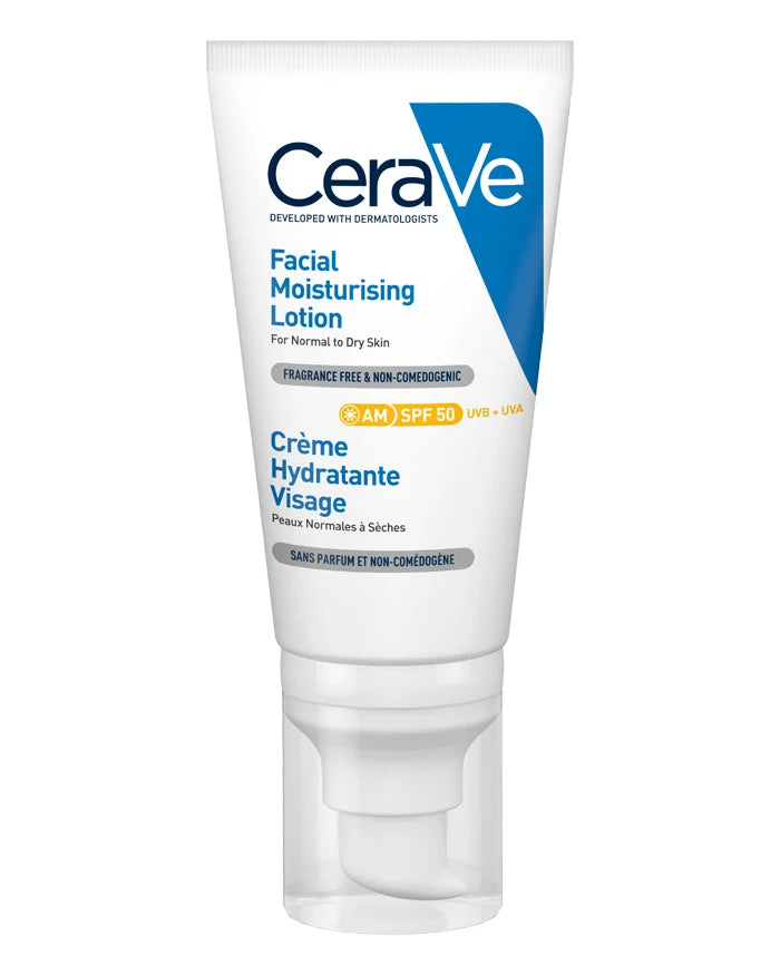 Loción hidratante facial Cerave con SPF50 para protección solar diaria. Formato de 52ml.