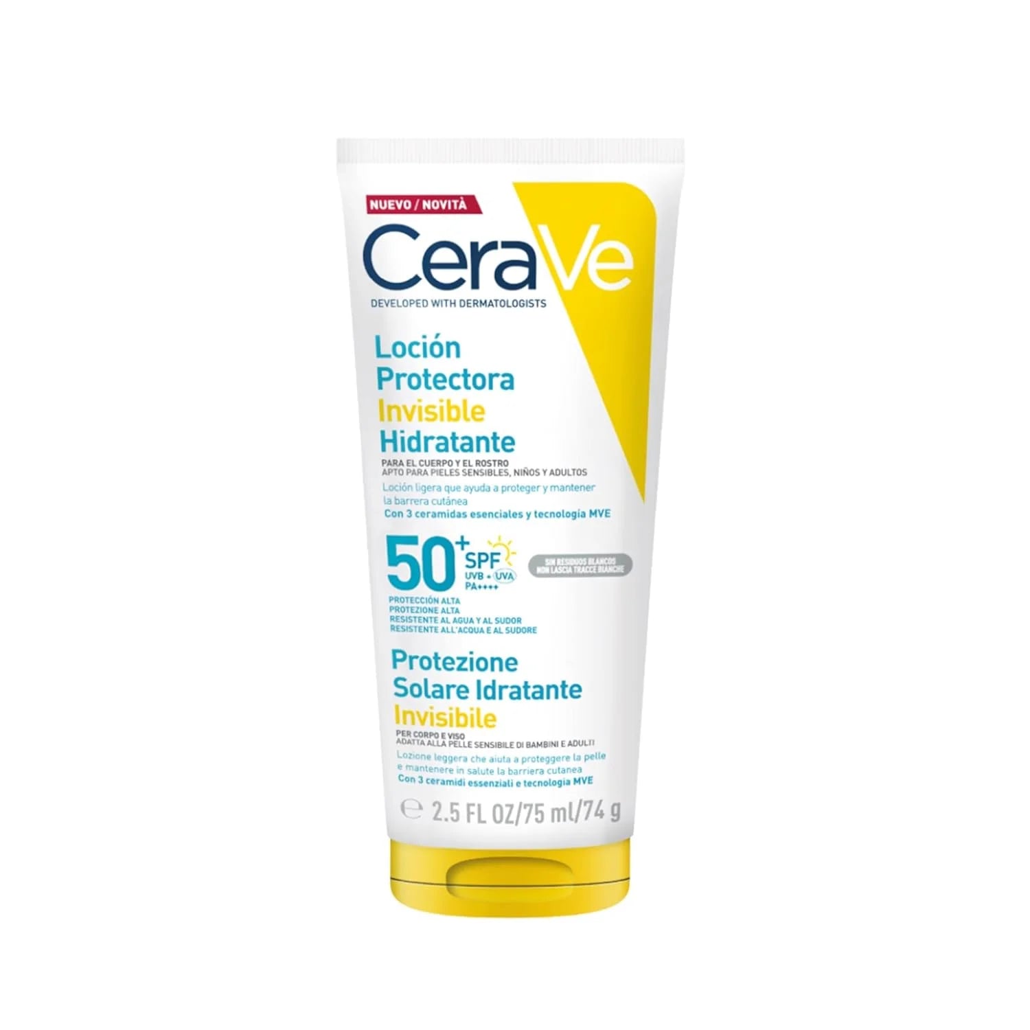 Tubo de 75 ml de CeraVe Loción Protectora Invisible Hidratante SPF50+ para rostro y cuerpo.