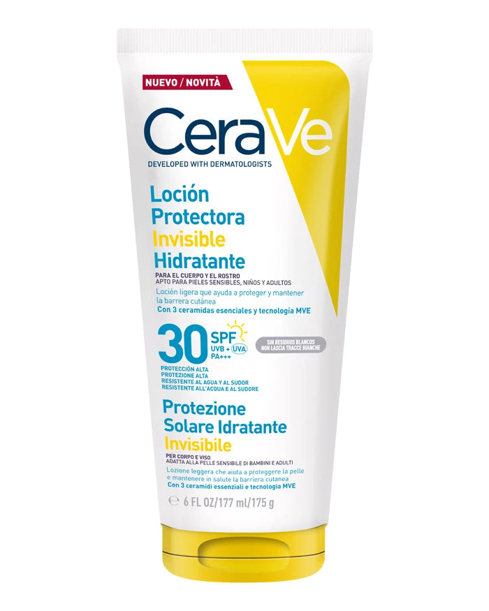 Envase de 177 ml de Cerave Loción Protectora Invisible Hidratante SPF 30 para rostro y cuerpo, con acabado invisible y resistente al agua.