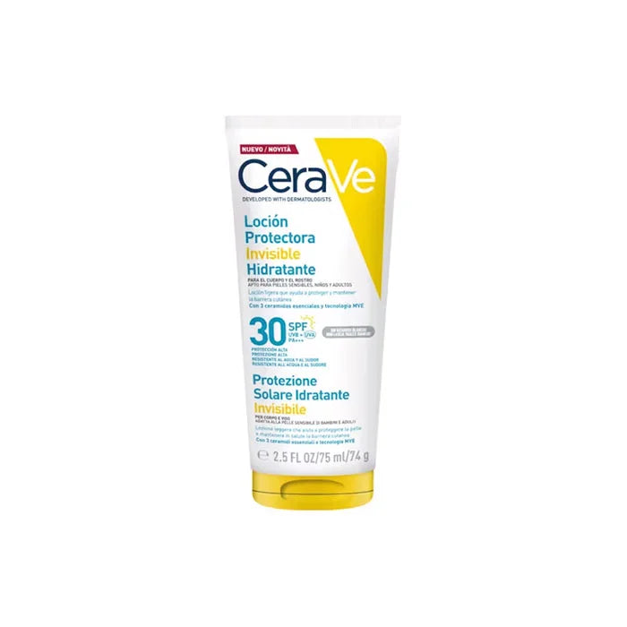 Envase de 75 ml de Cerave Loción Protectora Invisible Hidratante SPF 30 para rostro y cuerpo, con acabado invisible y resistente al agua.