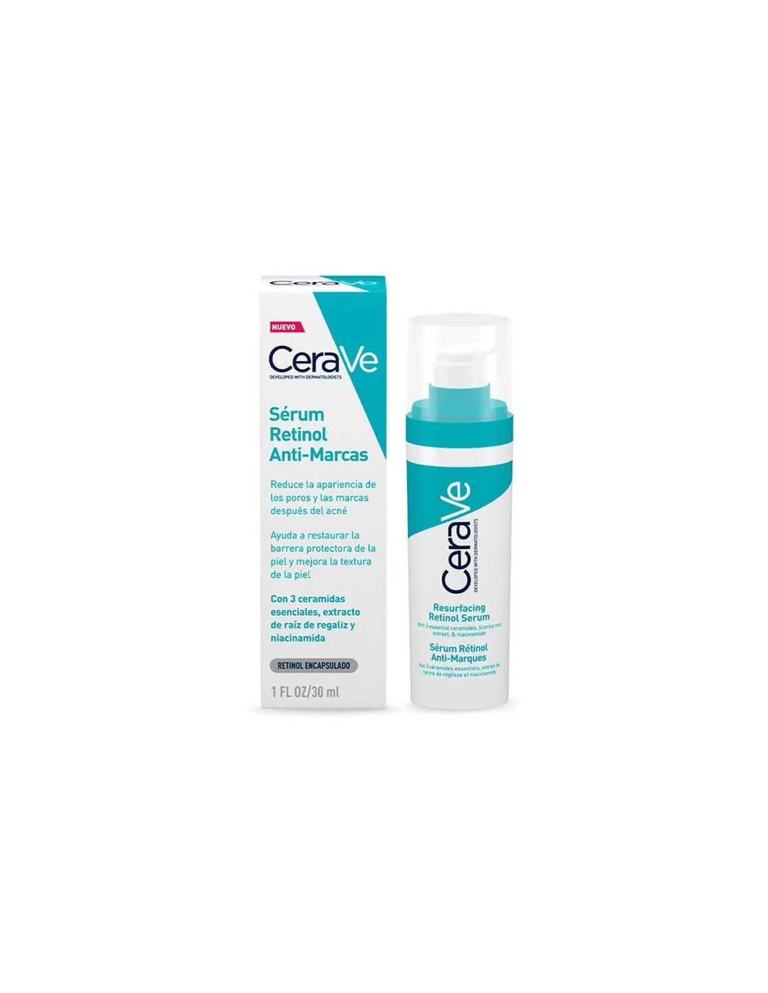 Cerave Sérum Retinol Anti Marcas 30ml para reducir imperfecciones y unificar el tono de piel.