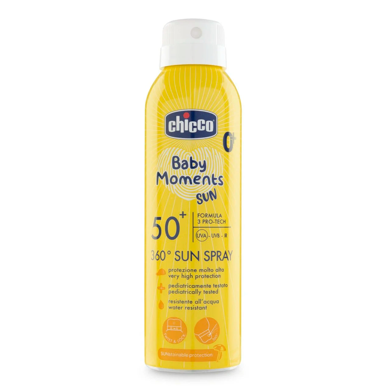Spray solar para bebés Chicco Baby Moments SPF50+ de 150ml con sistema de aplicación 360 grados y protección UVA UVB.