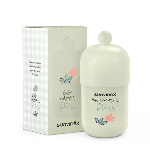 Colonia Suavinex Bliss de 100ml para bebé, fragancia suave baja en alcohol con 92% de ingredientes naturales.