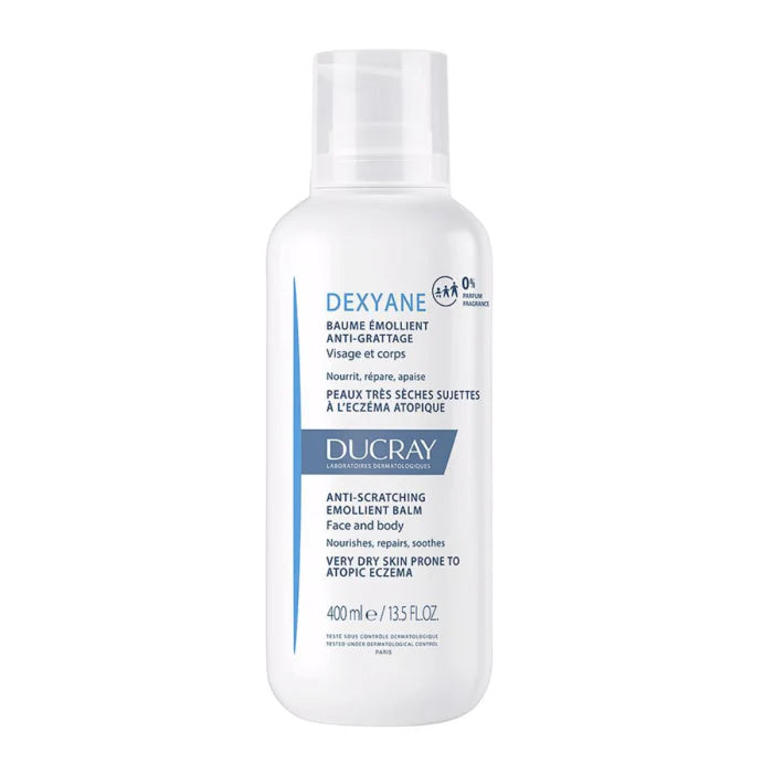 Bálsamo emoliente Ducray Dexyane anti-rascado 400ml para piel atópica de rostro y cuerpo.