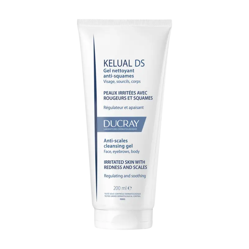 Ducray Kelual DS Gel Limpiador para rostro y cuerpo, alivia piel irritada con rojeces y escamas, 200 ml.