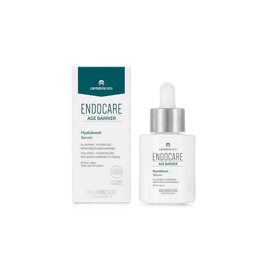Frasco de 30 ml con cuentagotas de Endocare Hyaluboost Age Barrier Serum, tratamiento activador de la barrera cutánea con Niacinamida y Ácido Hialurónico.