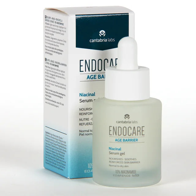 Frasco de 30 ml de Endocare Age Barrier Niacinal Serum Gel, tratamiento con 10% de Niacinamida y tecnología EDAFENCE para reforzar la barrera de la piel.