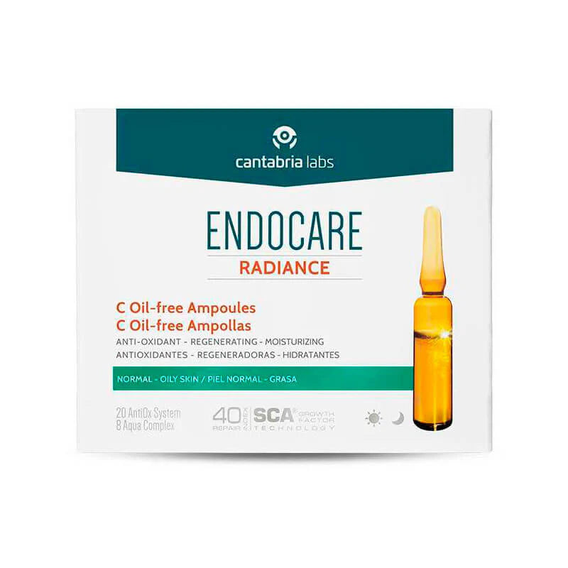 30 ampollas faciales Endocare C Oilfree para fotoenvejecimiento y luminosidad de piel con tendencia acneica.