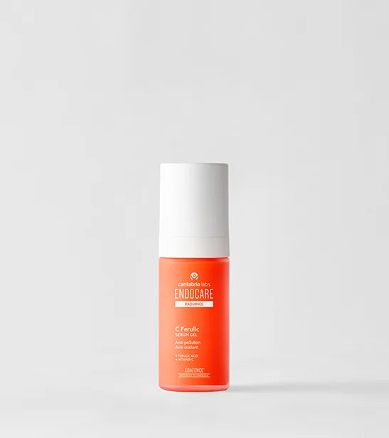 Frasco de 30 ml de Endocare Radiance C Ferulic Serum Gel, tratamiento antioxidante y antipolución con tecnología Edafence y Vitamina C.