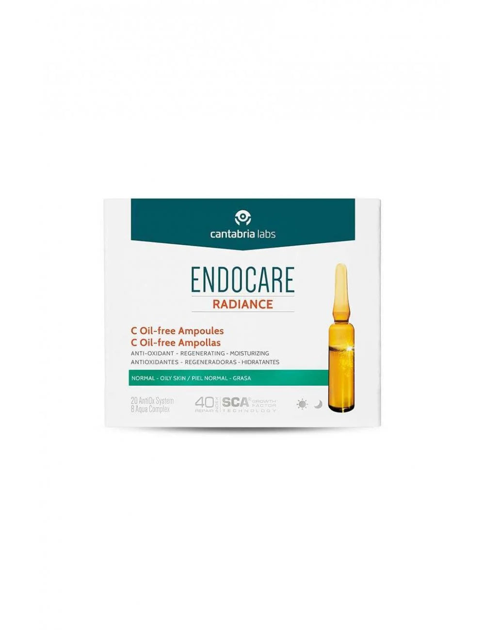 Endocare Radiance C Oil-Free 10 Ampollas, tratamiento intensivo facial con Vitamina C para piel normal, mixta o grasa.