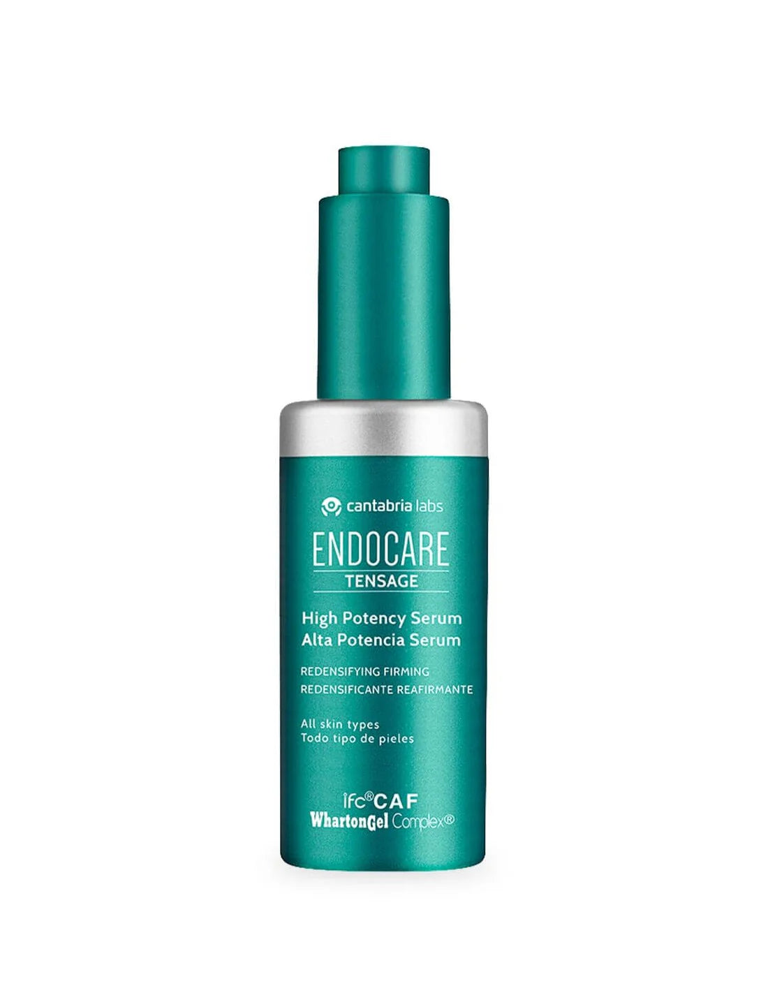 Frasco de 30 ml con cuentagotas de Endocare Tensage Alta Potencia Sérum, tratamiento reafirmante con tecnologías IFC-CAF y WhartonGel Complex.