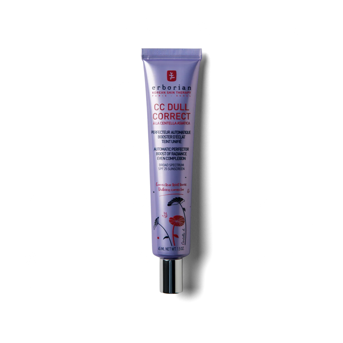 Tubo de 45 ml de Erborian CC Dull Correct, crema perfeccionadora de color violeta con Centella Asiática para iluminar y revitalizar pieles apagadas.