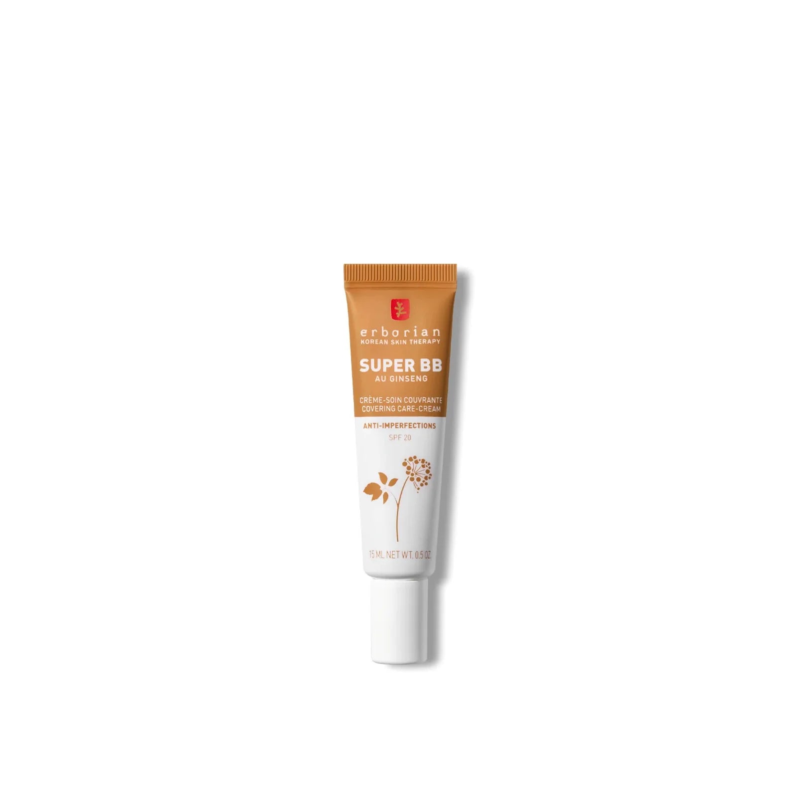 Crema Super BB de Erborian en tono Caramel con alta cobertura y protección SPF 20 para corregir imperfecciones en pieles mixtas.