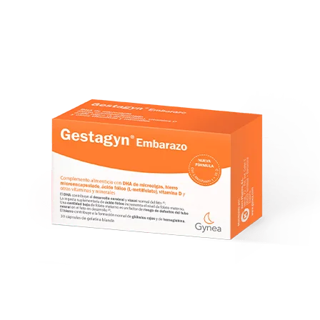 Cápsulas Gestagyn Embarazo, complemento alimenticio con nutrientes esenciales para el desarrollo del bebé y la salud de la madre.