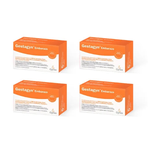 Pack ahorro de 4 cajas de Gestagyn Embarazo, complemento alimenticio con micronutrientes esenciales para el desarrollo fetal y salud materna.