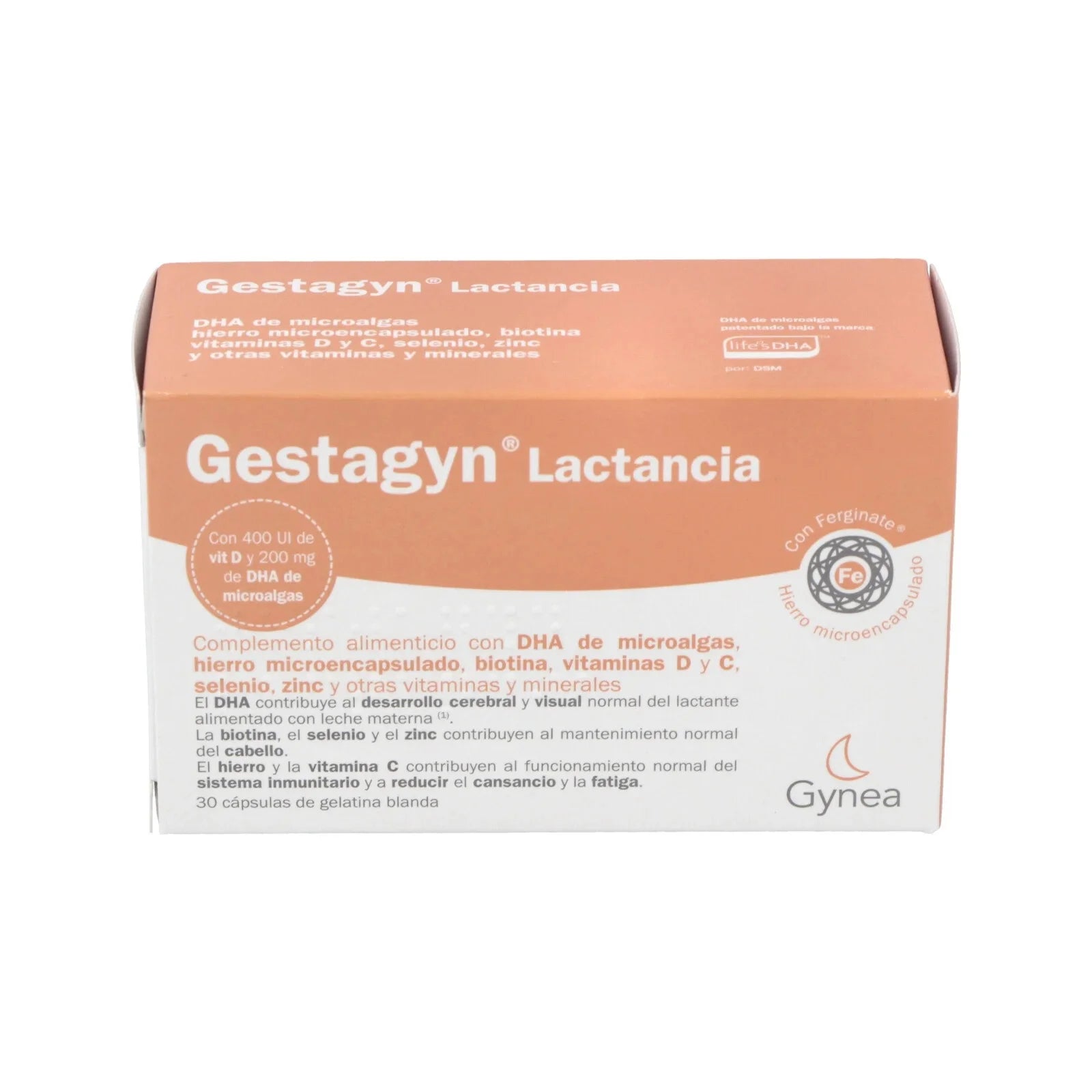 Caja de Gestagyn Lactancia 30 cápsulas, complemento alimenticio para cubrir las necesidades nutricionales de la madre y el bebé durante la lactancia.