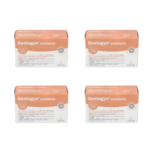 Pack de 4 cajas de Gestagyn Lactancia, complemento nutricional con DHA, vitaminas y minerales para la madre y el bebé durante el periodo de lactancia.