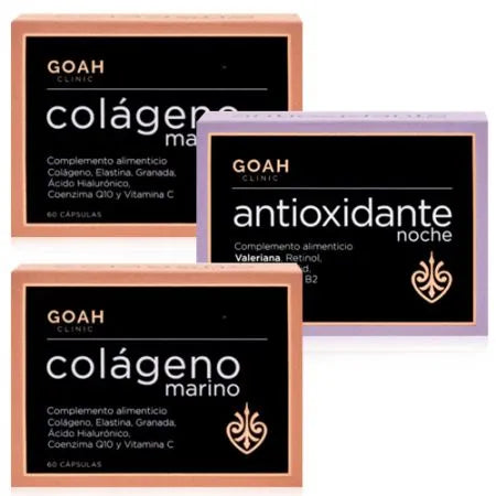 Pack de nutricosmética Goah Clinic Piel Radiante con 120 cápsulas de Colágeno y 60 cápsulas de Antiox para mejorar la firmeza y luminosidad del rostro.