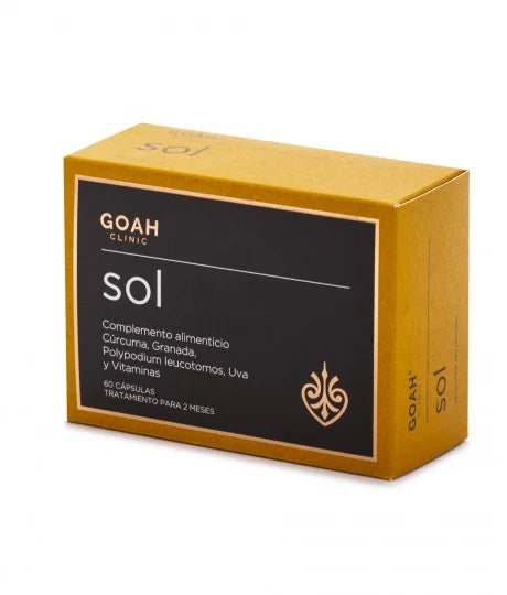 Cápsulas Goah Clinic Sol para protección solar oral y antioxidante, ayuda a prevenir manchas y el envejecimiento prematuro de la piel desde el interior.