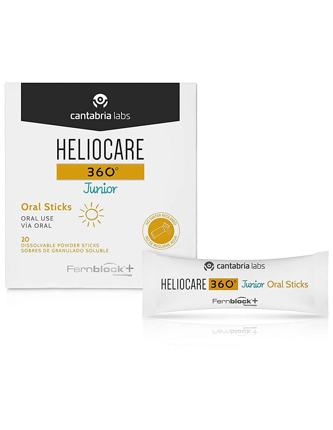 Heliocare 360 Junior Oral Sticks, suplemento oral para fotoprotección infantil. Ayuda a fortalecer la resistencia de la piel frente al sol en niños. 20 unidades.