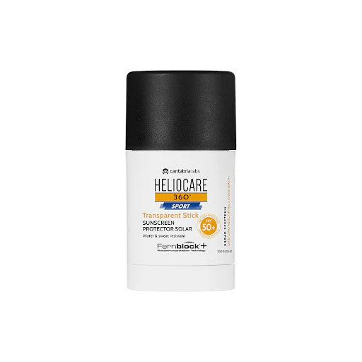 Heliocare Transparent Stick SPF 50+ para rostro y cuerpo, alta protección deportiva resistente al agua y sudor.
