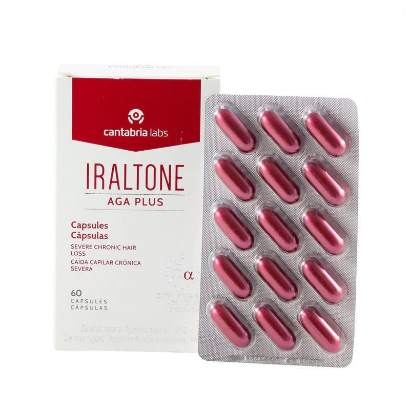 Cápsulas Iraltone Aga Plus para frenar la caída del cabello de origen hormonal y mejorar su densidad.