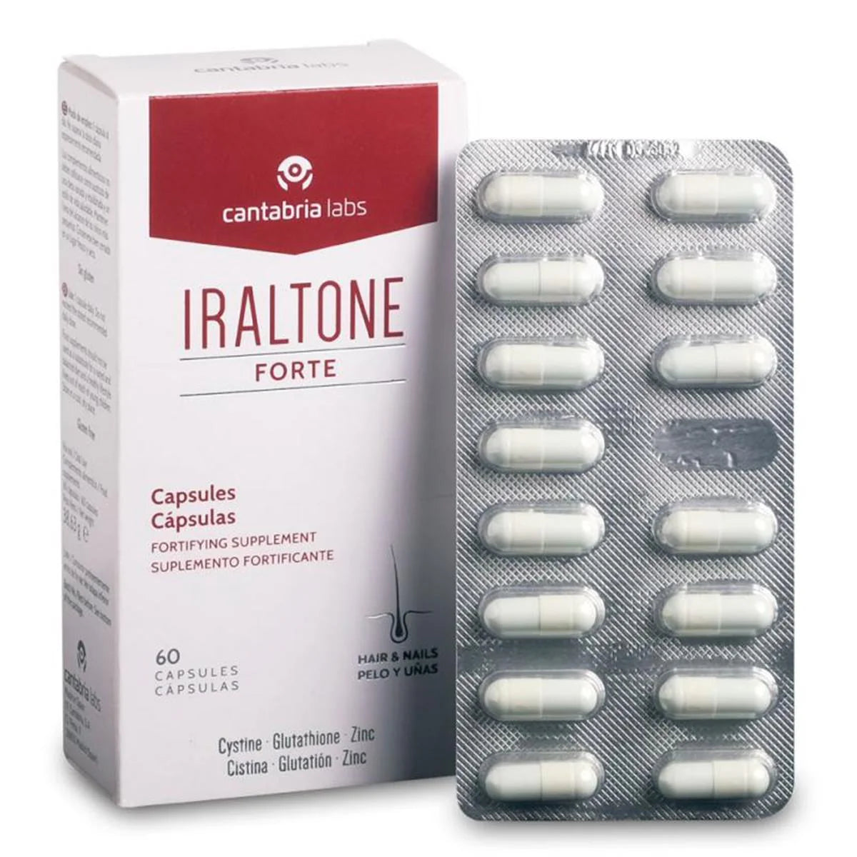 Iraltone Forte 60 cápsulas, complemento alimenticio anticaída para fortalecer cabello y uñas.