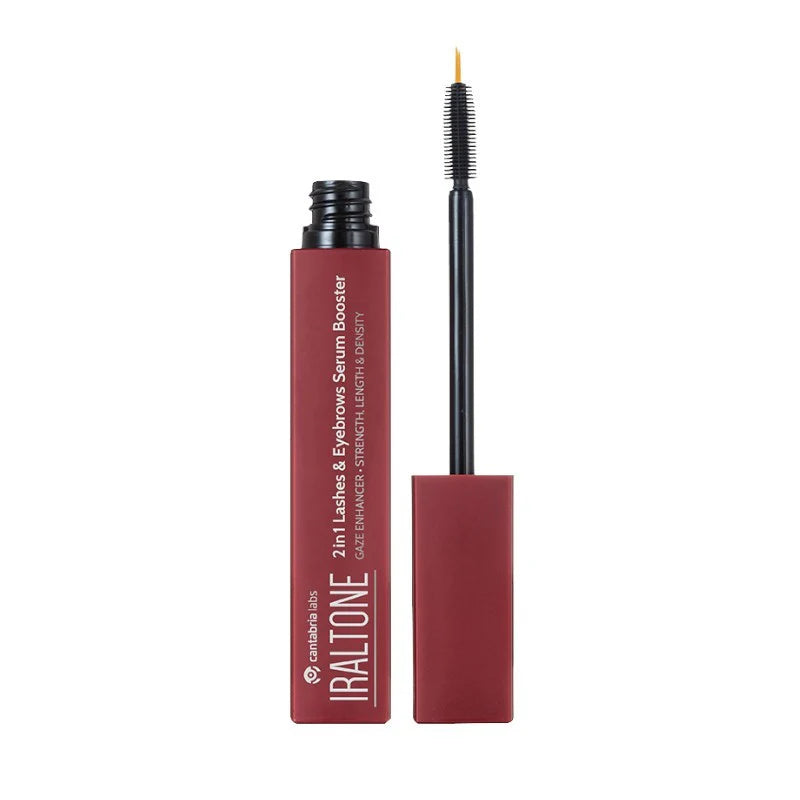 Envase de 10 ml de Iraltone 2 en 1 Serum Potenciador de Pestañas y Cejas, tratamiento regenerador con Wharton Gel Complex para mayor resistencia y densidad.