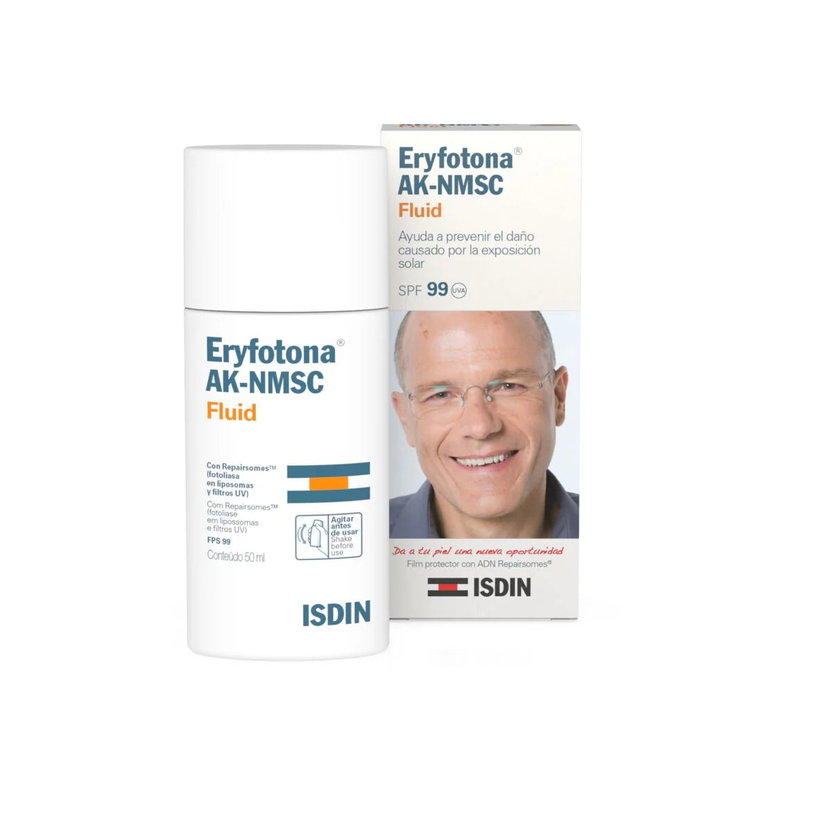 Frasco de 50 ml de Isdin Eryfotona AK-NMSC Fluido SPF100+ para la prevención y el tratamiento adyuvante de la queratosis actínica.