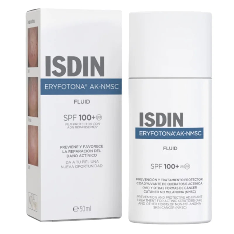 Frasco de 50 ml de Isdin Eryfotona AK-NMSC Fluido SPF100+ para la prevención y el tratamiento adyuvante de la queratosis actínica.