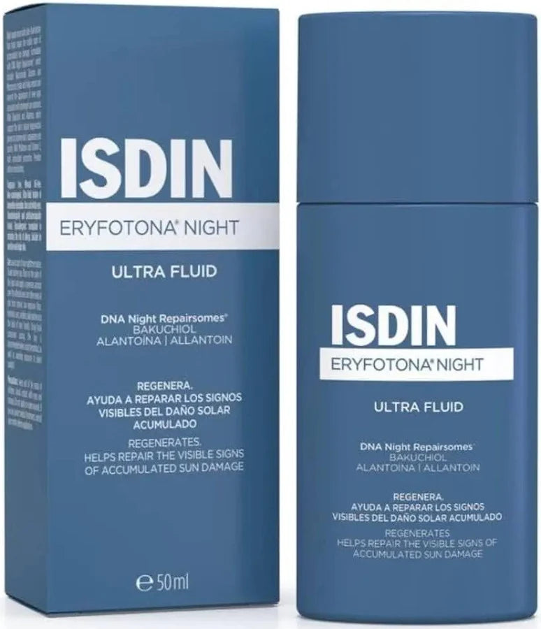 Frasco de 50 ml de sérum facial de noche Isdin Eryfotona Night Ultra Fluid, diseñado para reparar el daño solar acumulado.