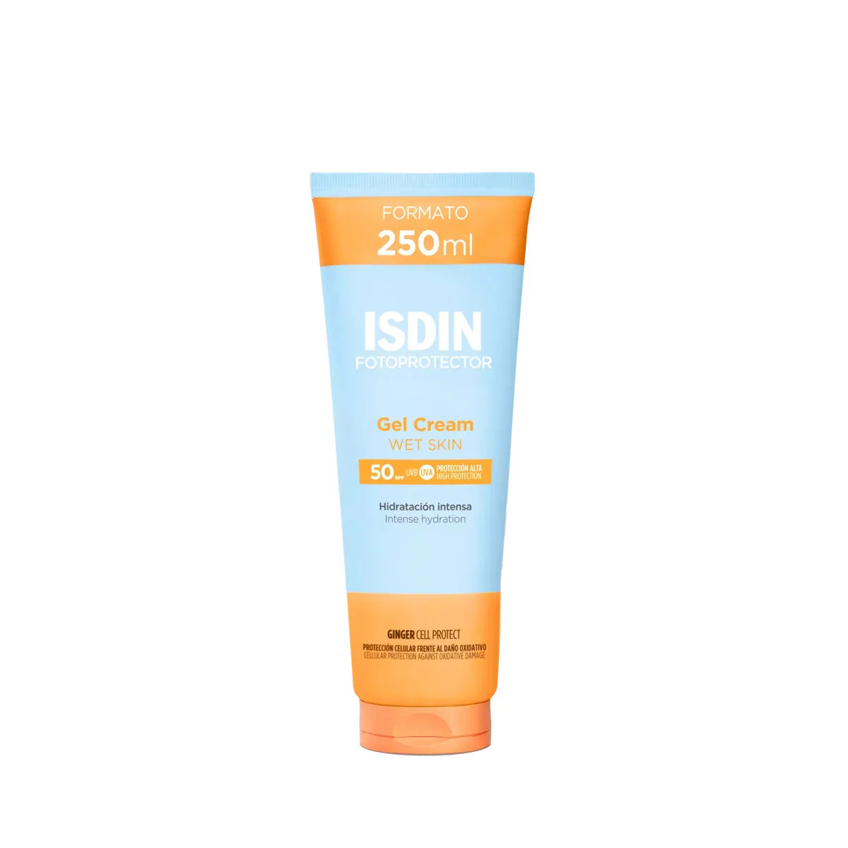 Isdin Gel Cream SPF 50+ fotoprotector corporal de rápida absorción para piel húmeda, formato de 250ml