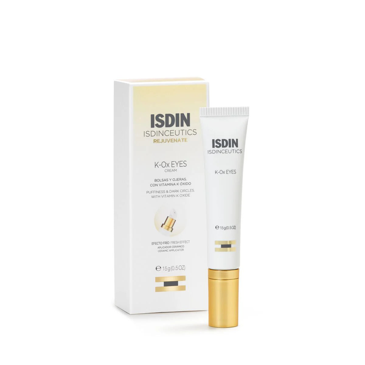 Tubo de 15 ml de Isdin K-Ox Eyes Contorno de Ojos con aplicador cerámico efecto frío para el tratamiento de bolsas, ojeras y falta de firmeza.