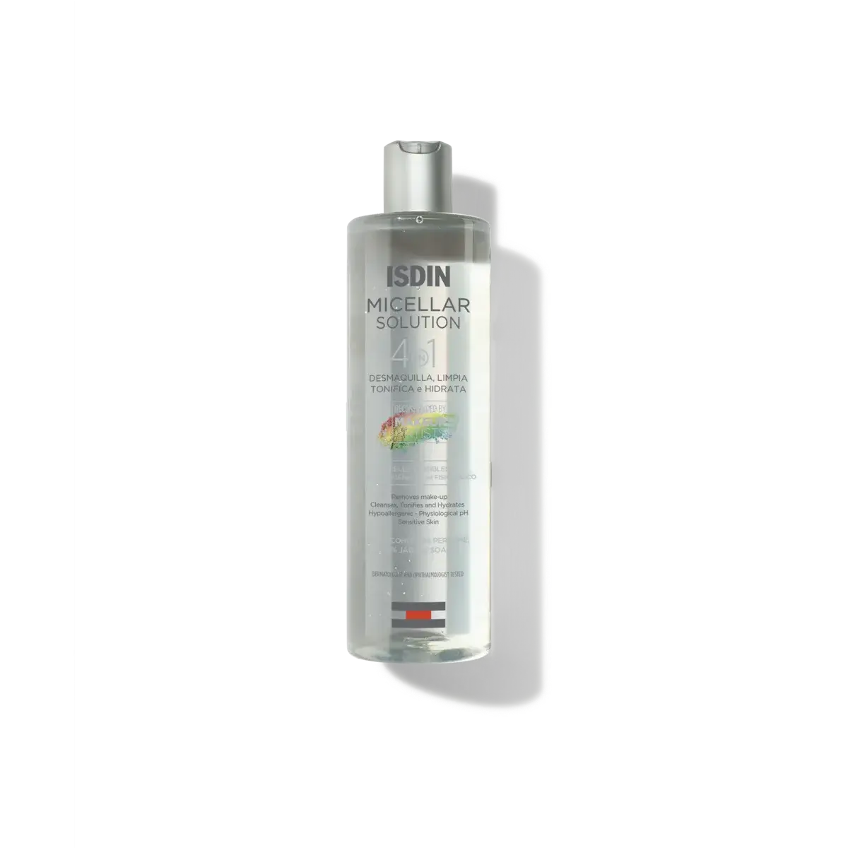 Envase de ISDIN Micellar Solution 4 en 1 de 400ml, limpiador facial hidratante.