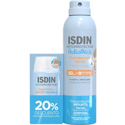 Pack de Isdin Pediatrics que contiene el protector solar corporal Transparent Spray Wet Skin 250 ml y el facial Fusion Water Magic Pediatrics 50 ml.
