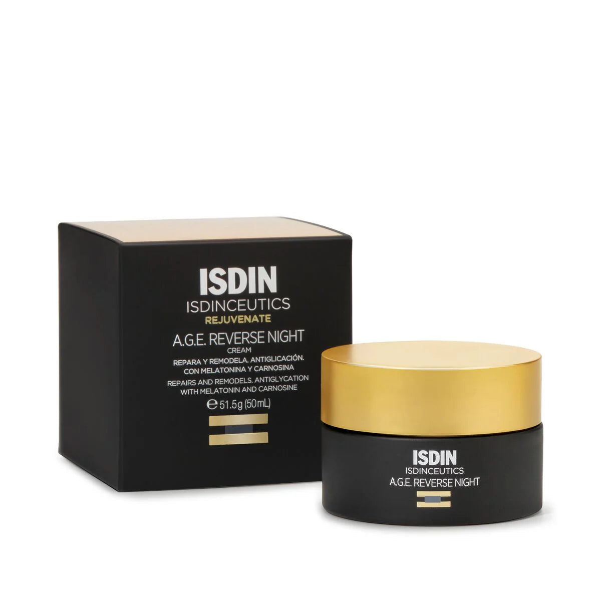 Tarro de 50 ml de Isdinceutics A.G.E. Reverse Night, crema facial reparadora de noche para combatir la glicación y el envejecimiento cutáneo.