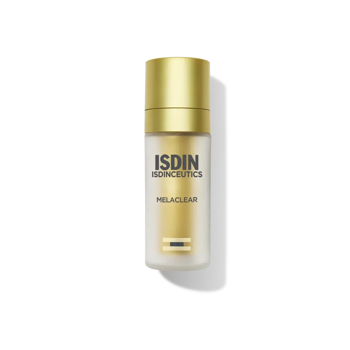 Frasco de 30 ml de Isdinceutics Melaclear, sérum facial antimanchas con potentes activos despigmentantes para un tono de piel uniforme y radiante.