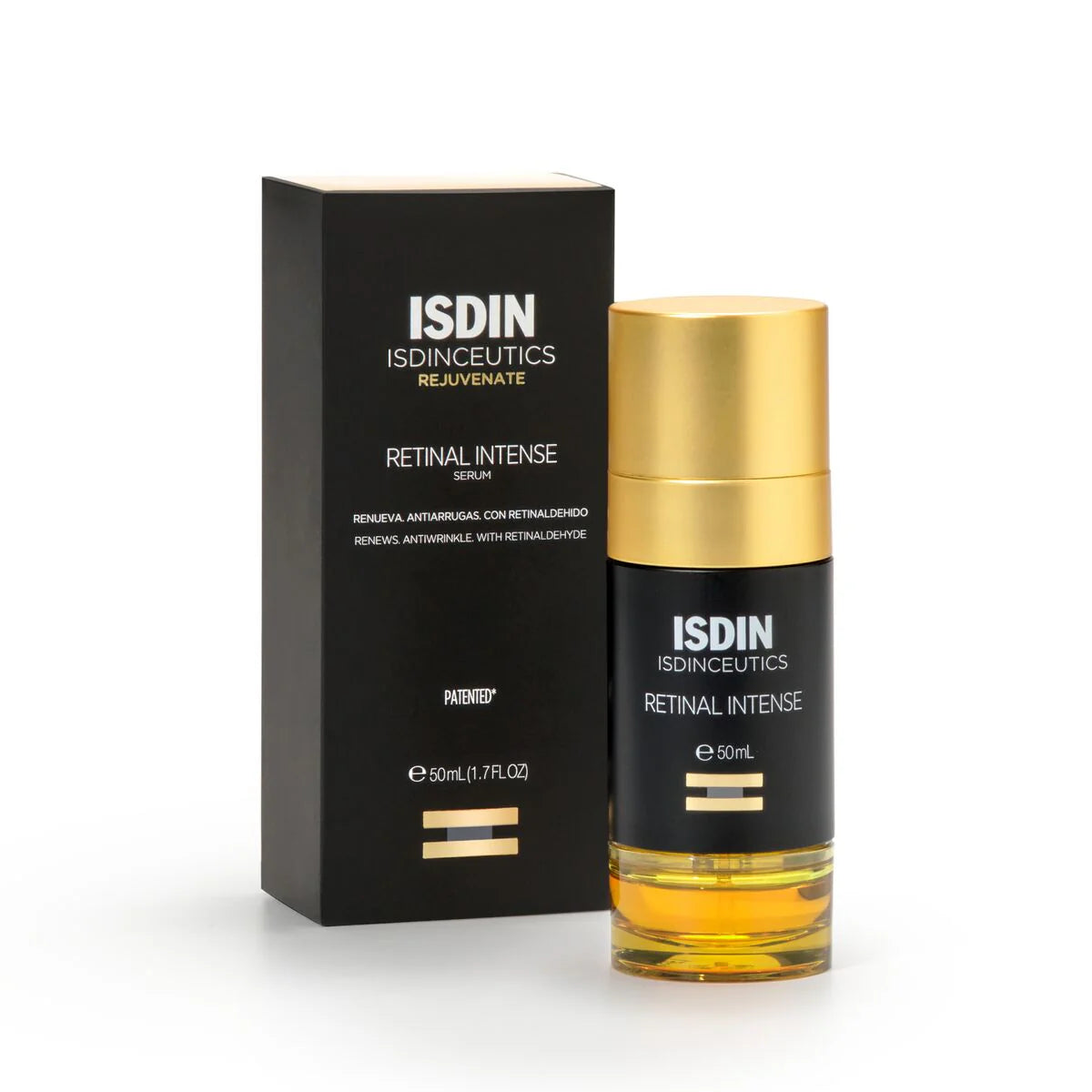 Frasco de 50 ml de Isdinceutics Retinal Intense, sérum de noche bifásico con retinaldehído para la renovación cutánea y reducción de arrugas.